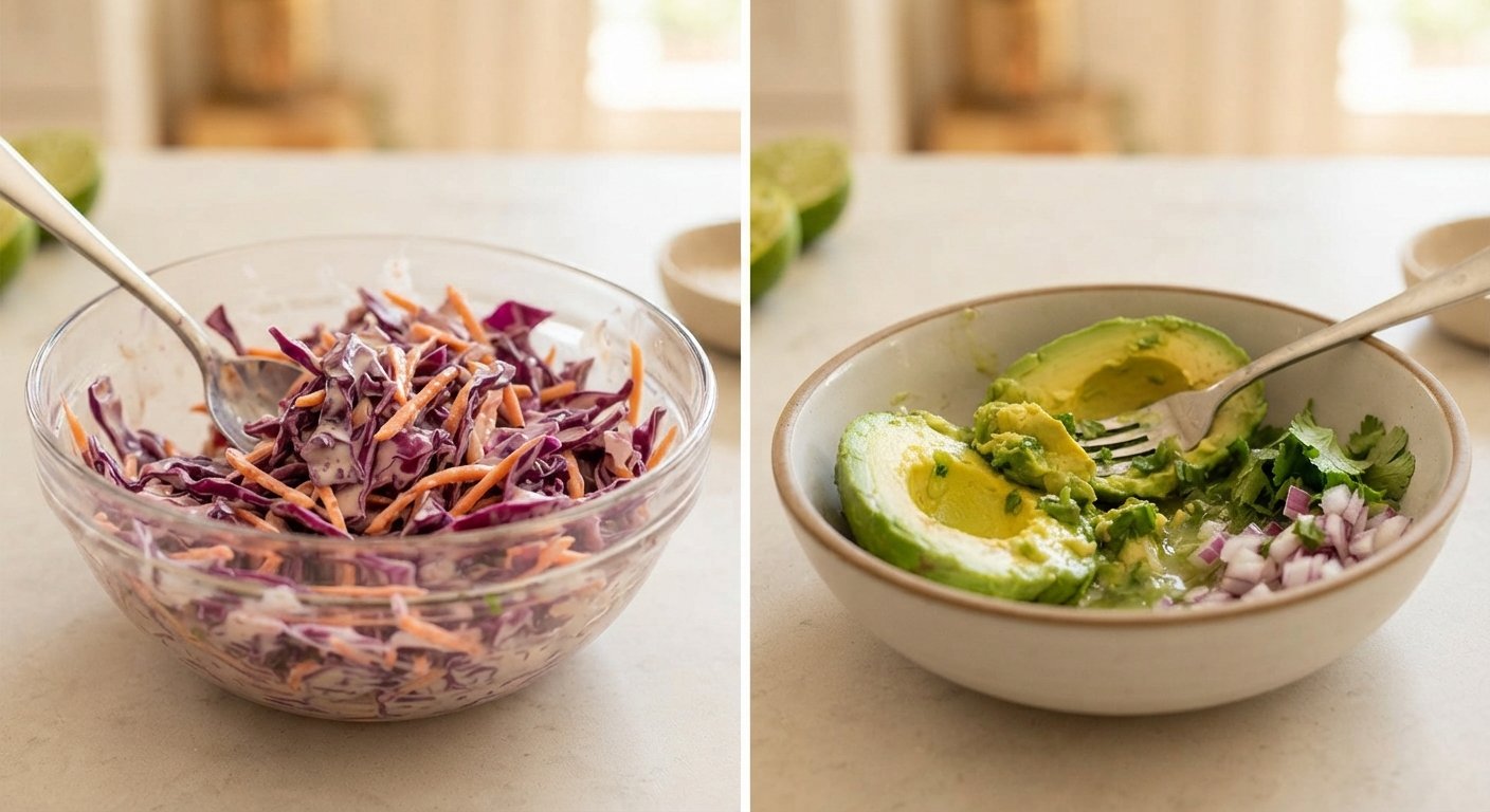 Ensalada de col morada y aguacate machacado en boles
