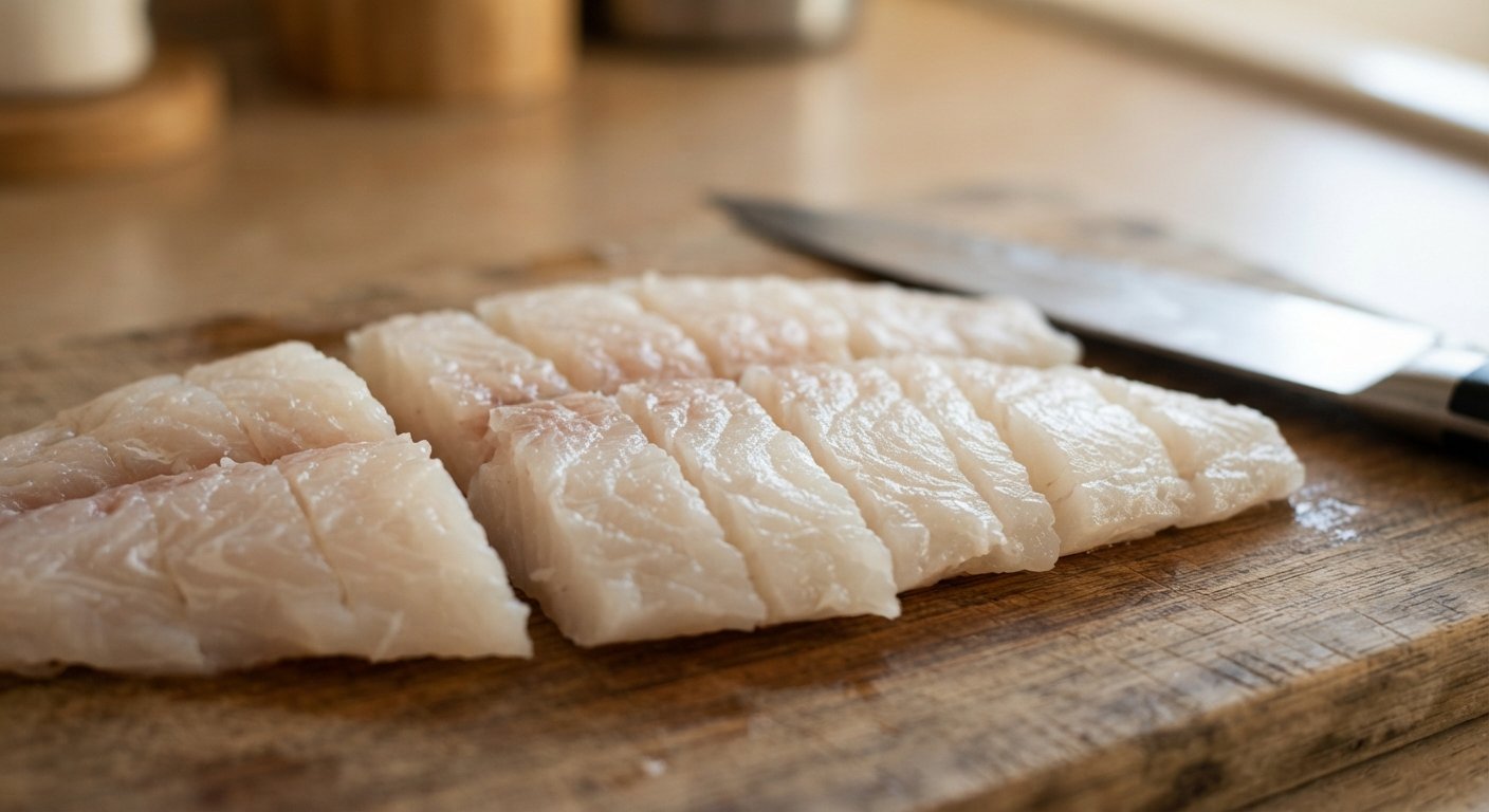 Filetes de pescado cortados en tiras sobre una tabla