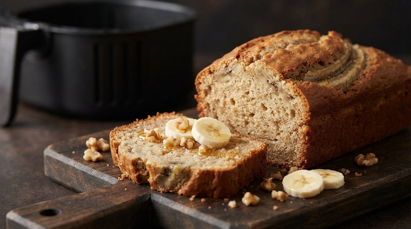 Pan de plátano en freidora de aire cortado en rebanadas mostrando la miga húmeda