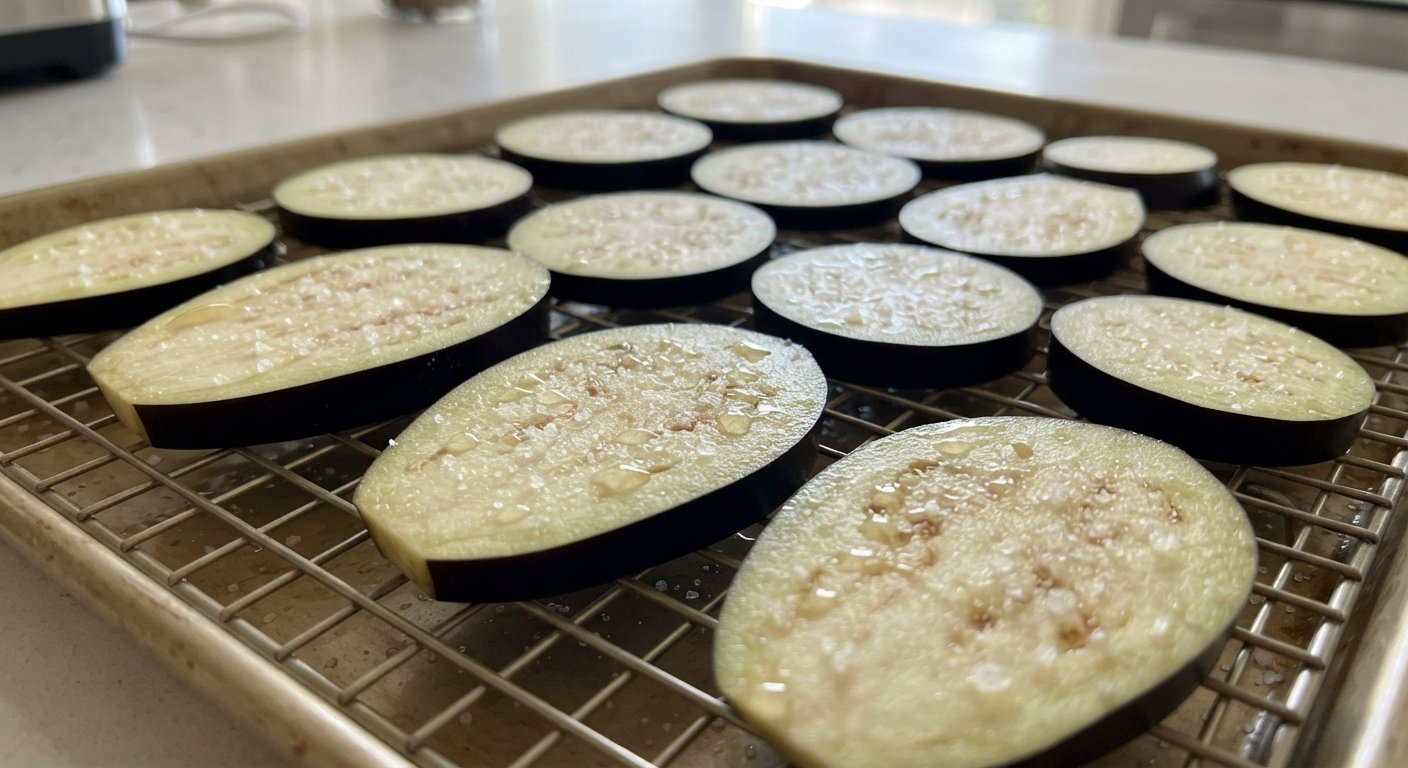 Rodajas de berenjena saladas reposando