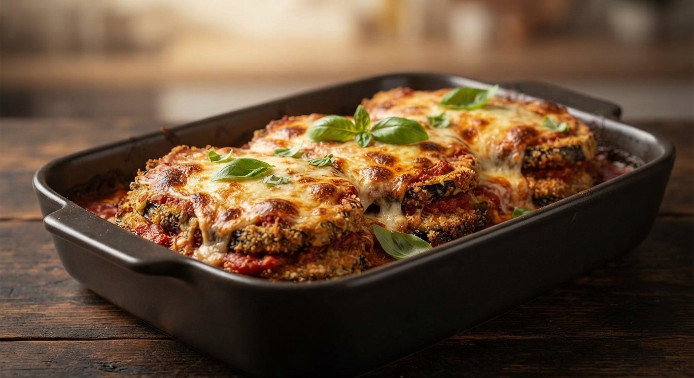 Berenjenas montadas en capas con salsa marinara y mozzarella