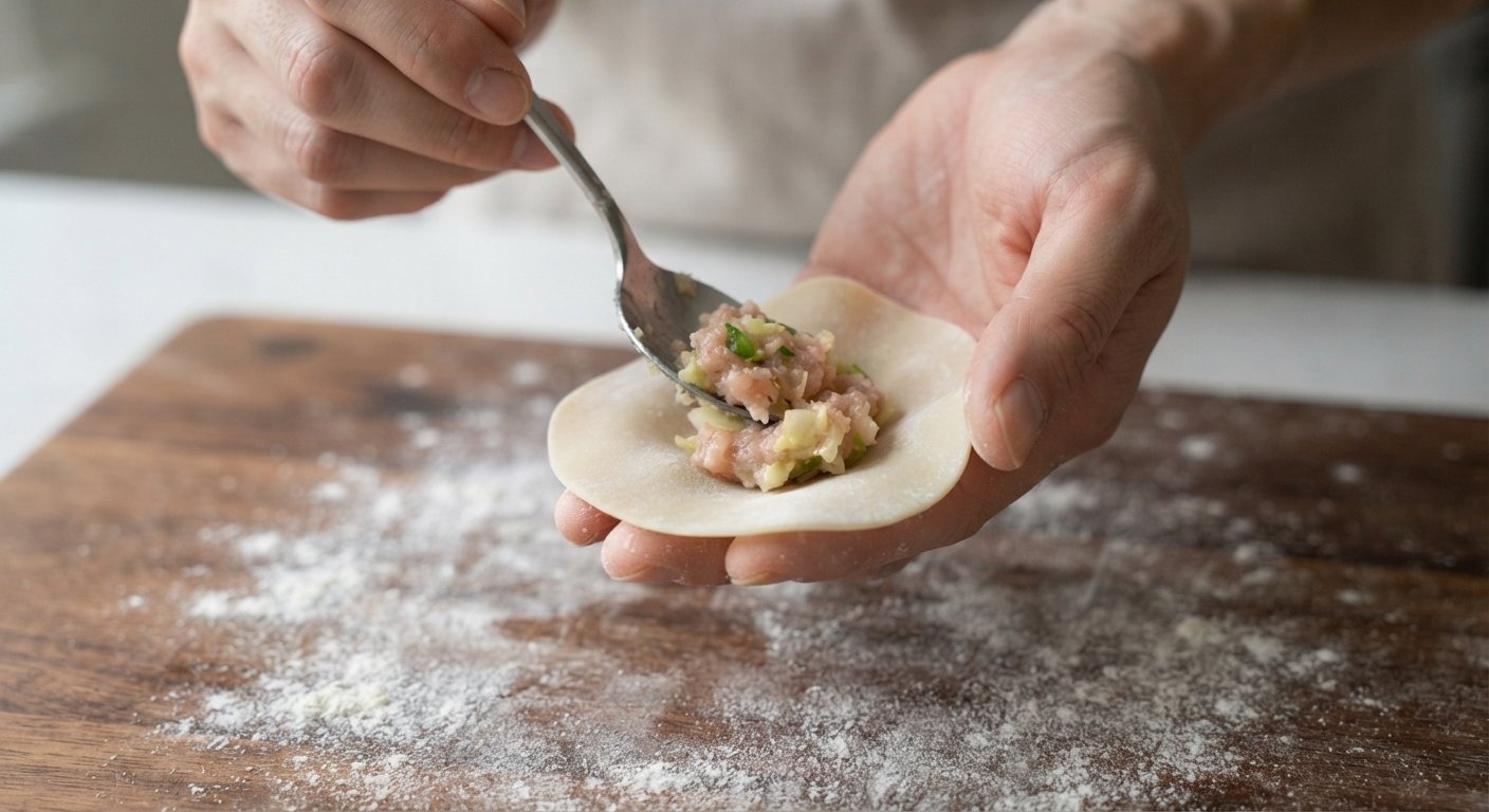 Oblea de gyoza rellena de carne y verdura antes de cerrarla