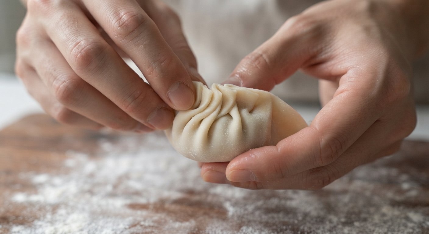 Gyoza plegada en abanico y sellada a mano sobre una tabla enharinada