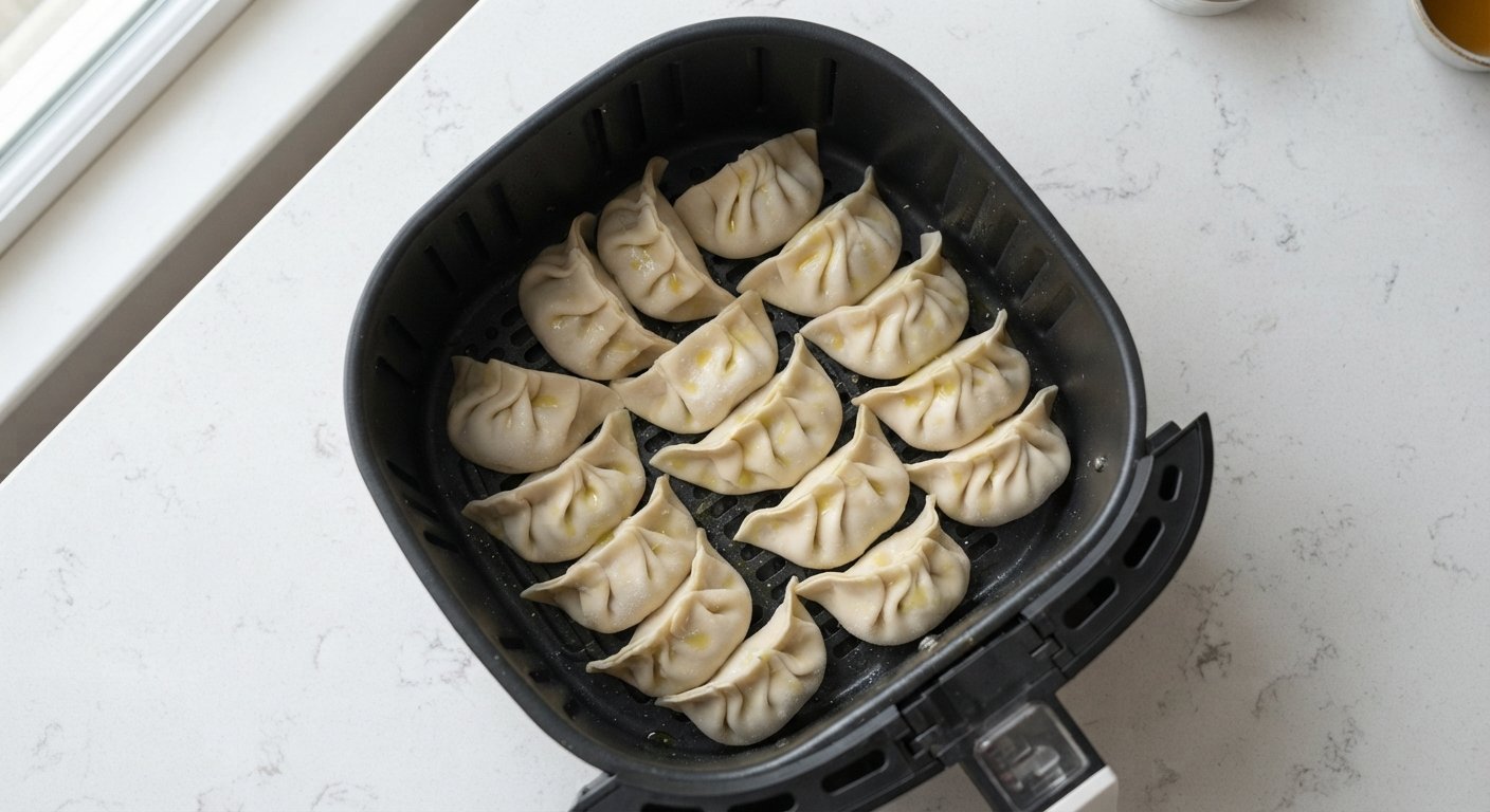 Gyozas crudas colocadas en una sola capa en la cesta de la freidora de aire