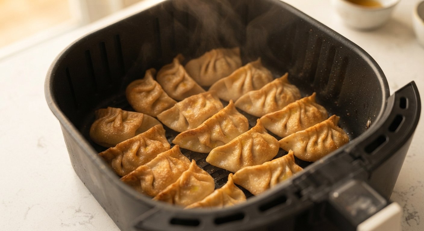 Gyozas doradas y crujientes recién sacadas de la freidora de aire con vapor