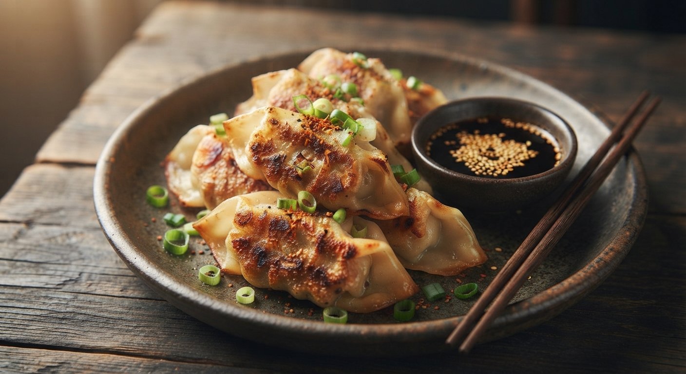 Gyozas emplatadas con salsa de soja, sésamo y cebollino, listas para servir