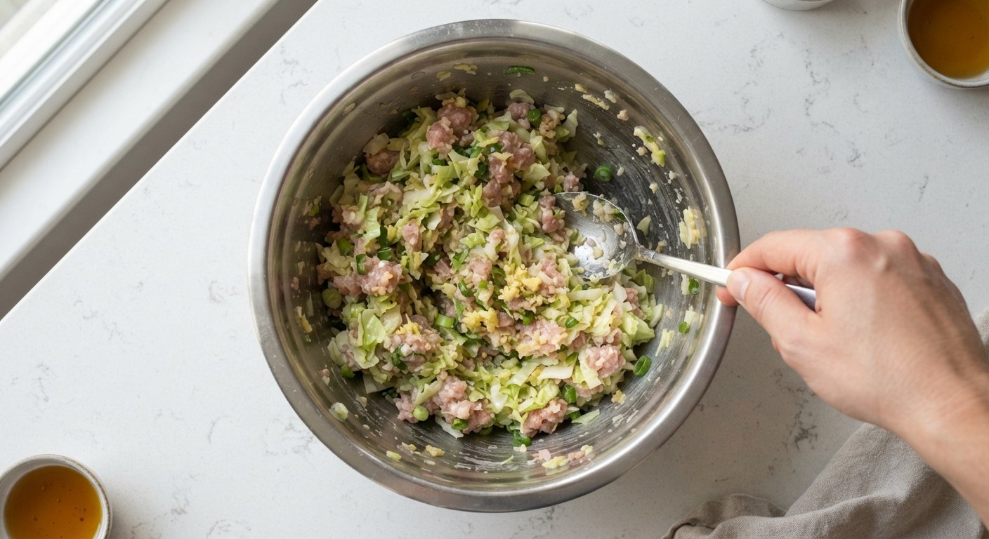 Relleno de gyozas con carne picada, col y jengibre mezclándose en un bol de acero