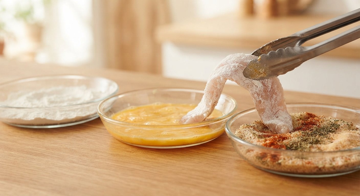 Tiras de pescado siendo rebozadas en pan rallado con especias