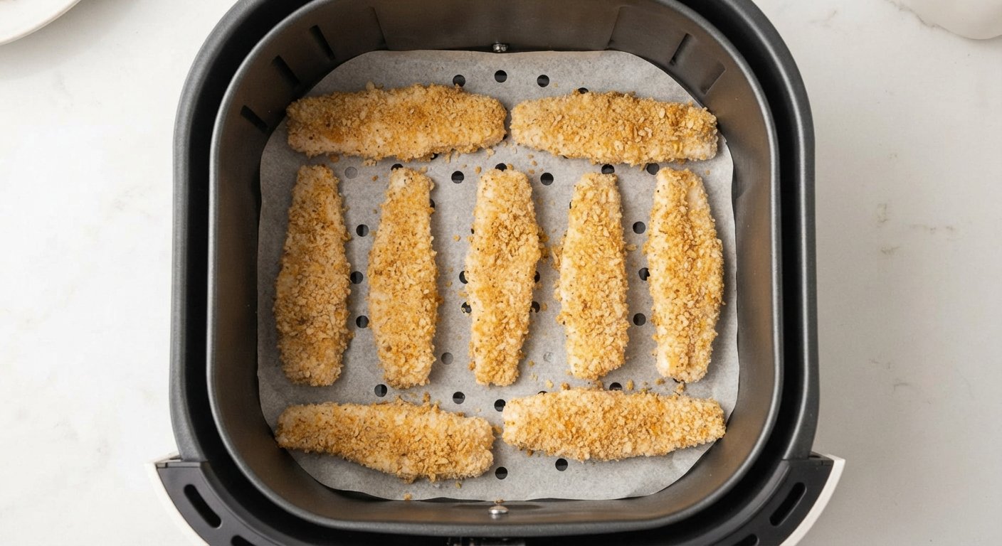 Tiras de pescado rebozadas en la cesta de la freidora de aire