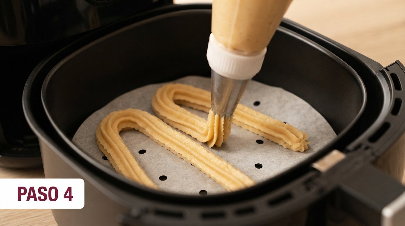 Churros formándose con manga pastelera de boquilla de estrella sobre papel perforado en la cesta