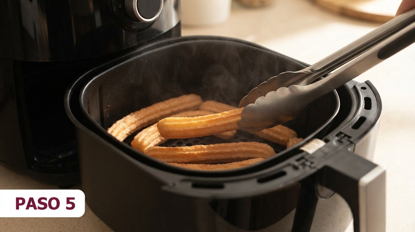 Churros a medio dorar en la cesta de la freidora de aire, dándoles la vuelta con una pinza