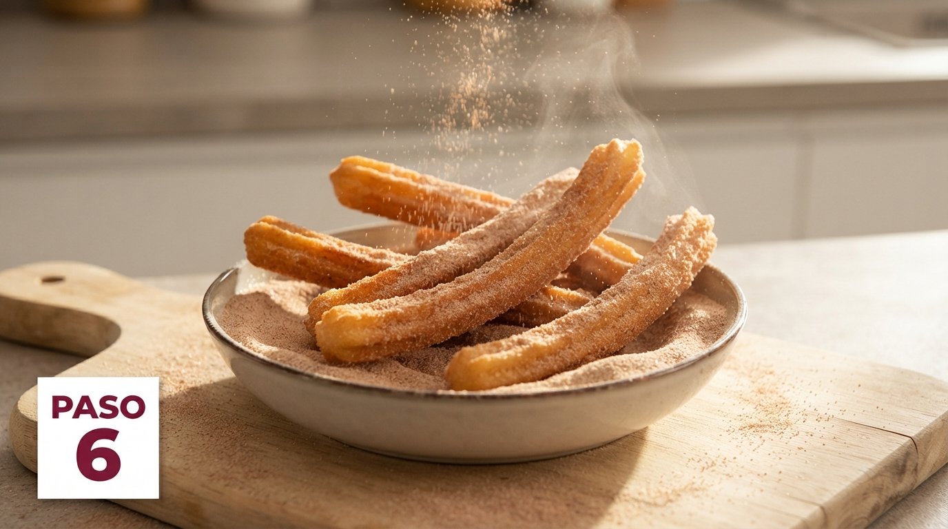 Churros recién sacados de la freidora pasándose por azúcar y canela