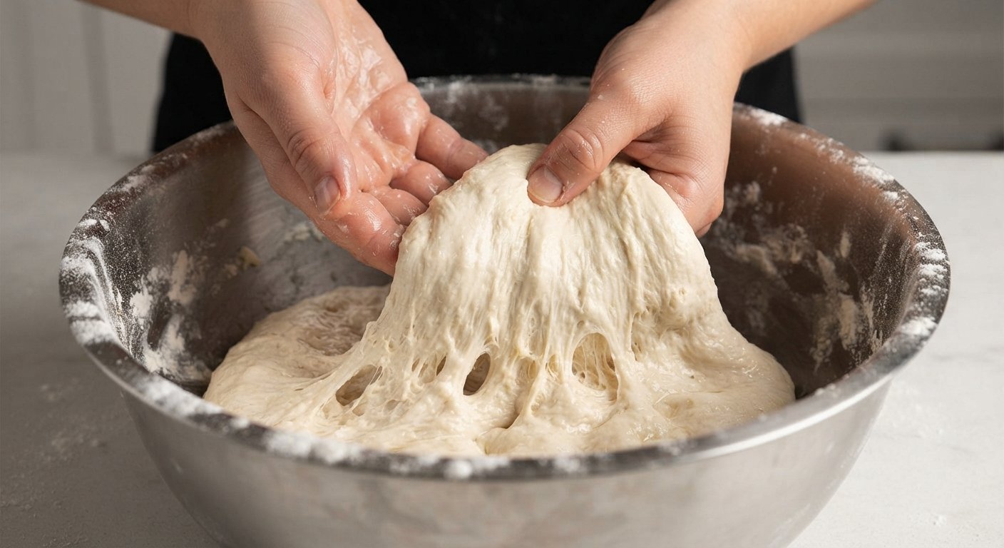 Masa de focaccia siendo plegada con las manos