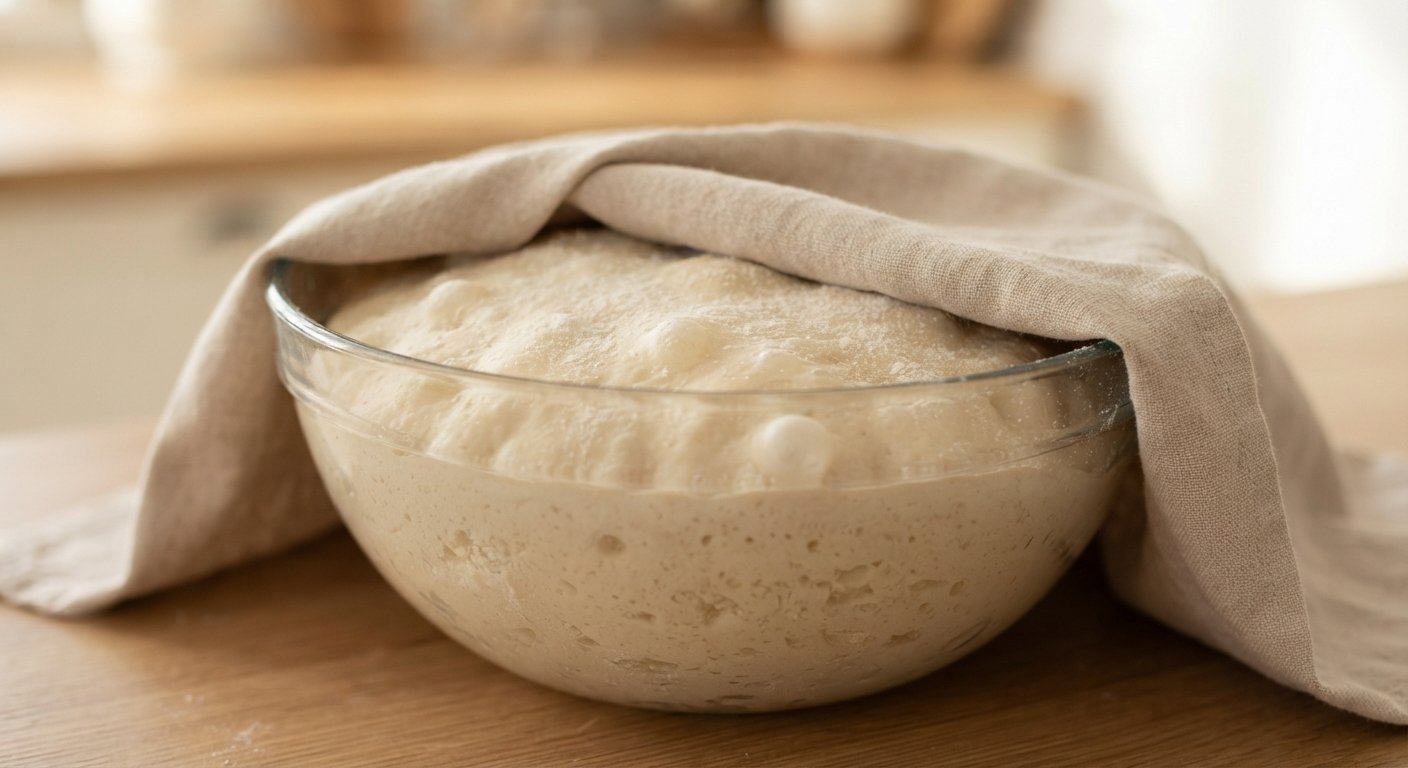 Masa de focaccia ya levada dentro de un bol tapado