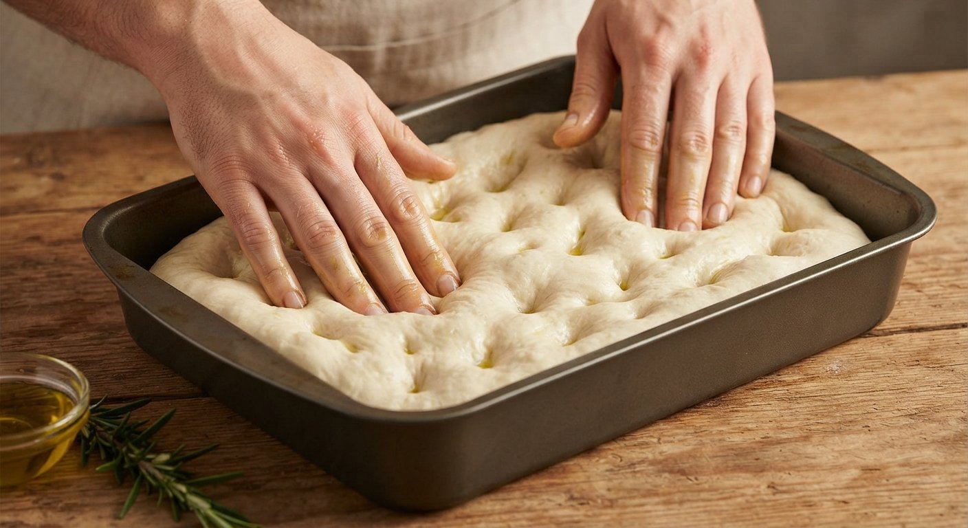 Masa extendida formando los hoyuelos característicos de la focaccia