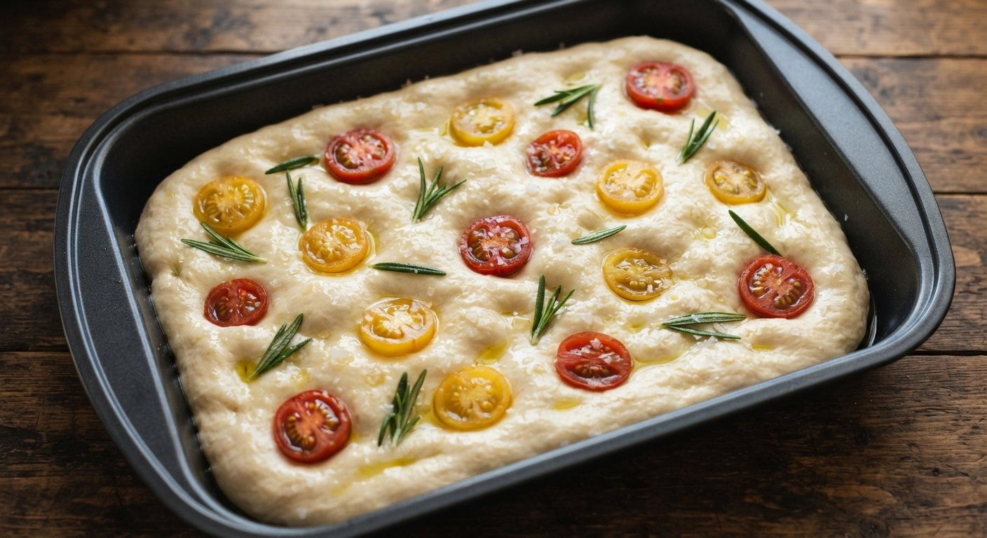Focaccia cruda decorada con tomates cherry y romero