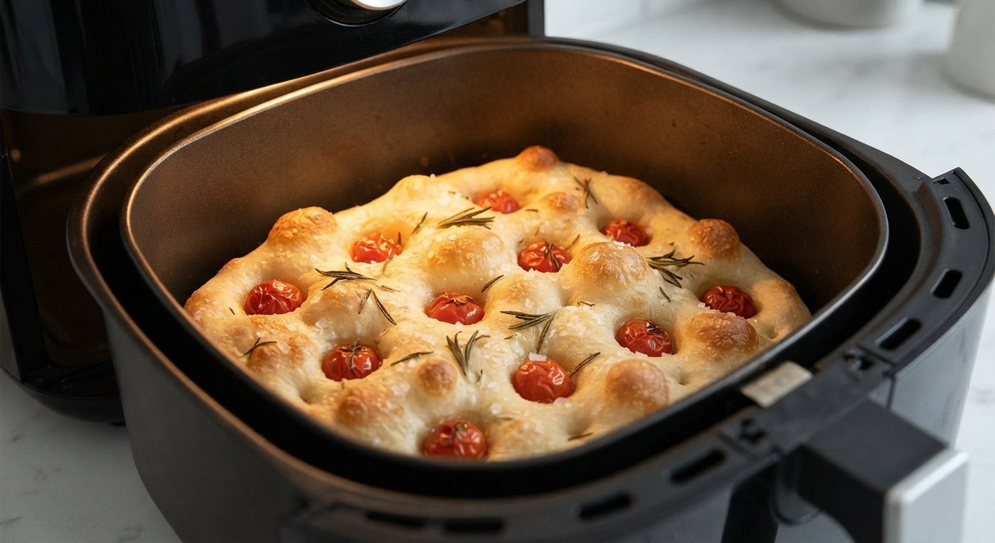Focaccia dentro de la freidora de aire a mitad de cocción