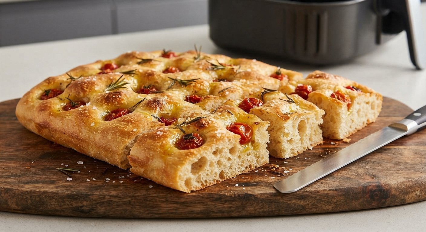Focaccia terminada cortada en porciones sobre tabla de madera