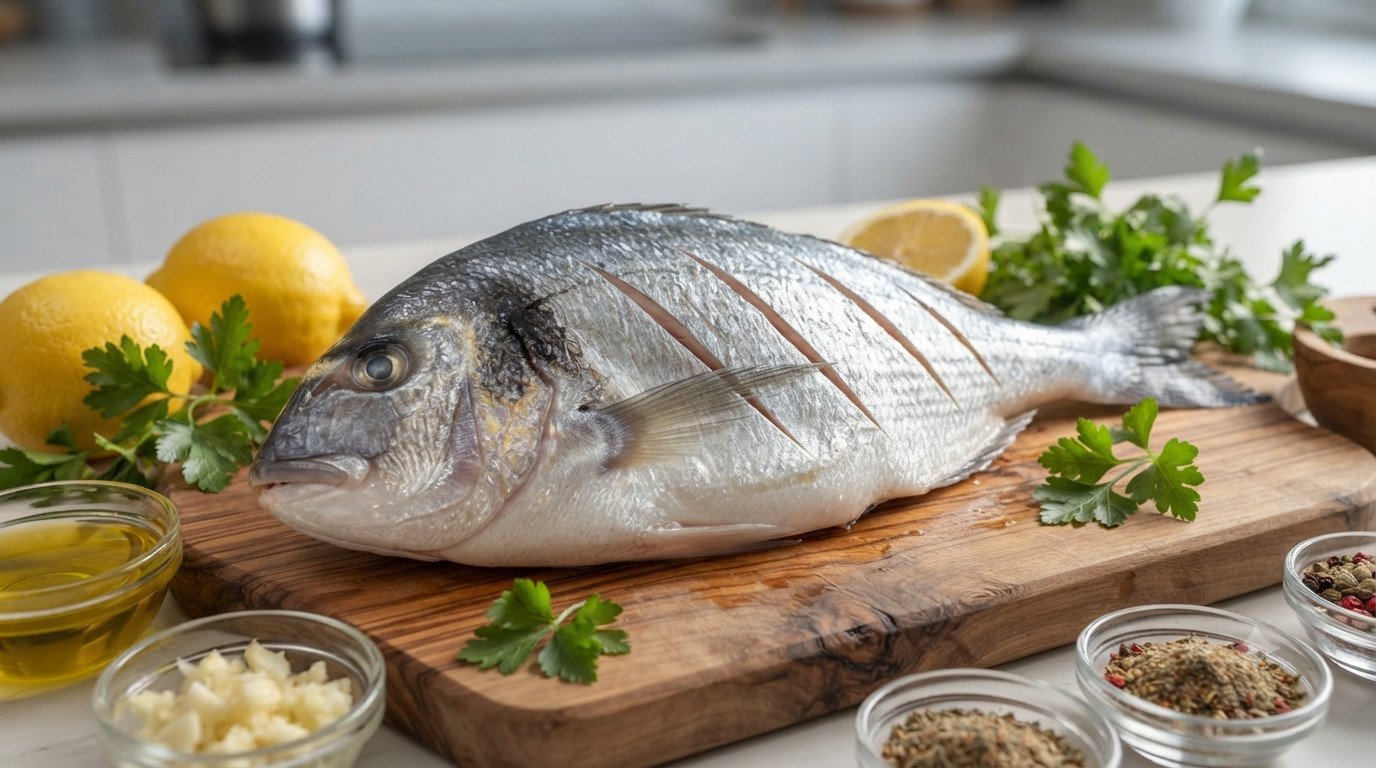 Dorada fresca preparada para cocinar en freidora de aire