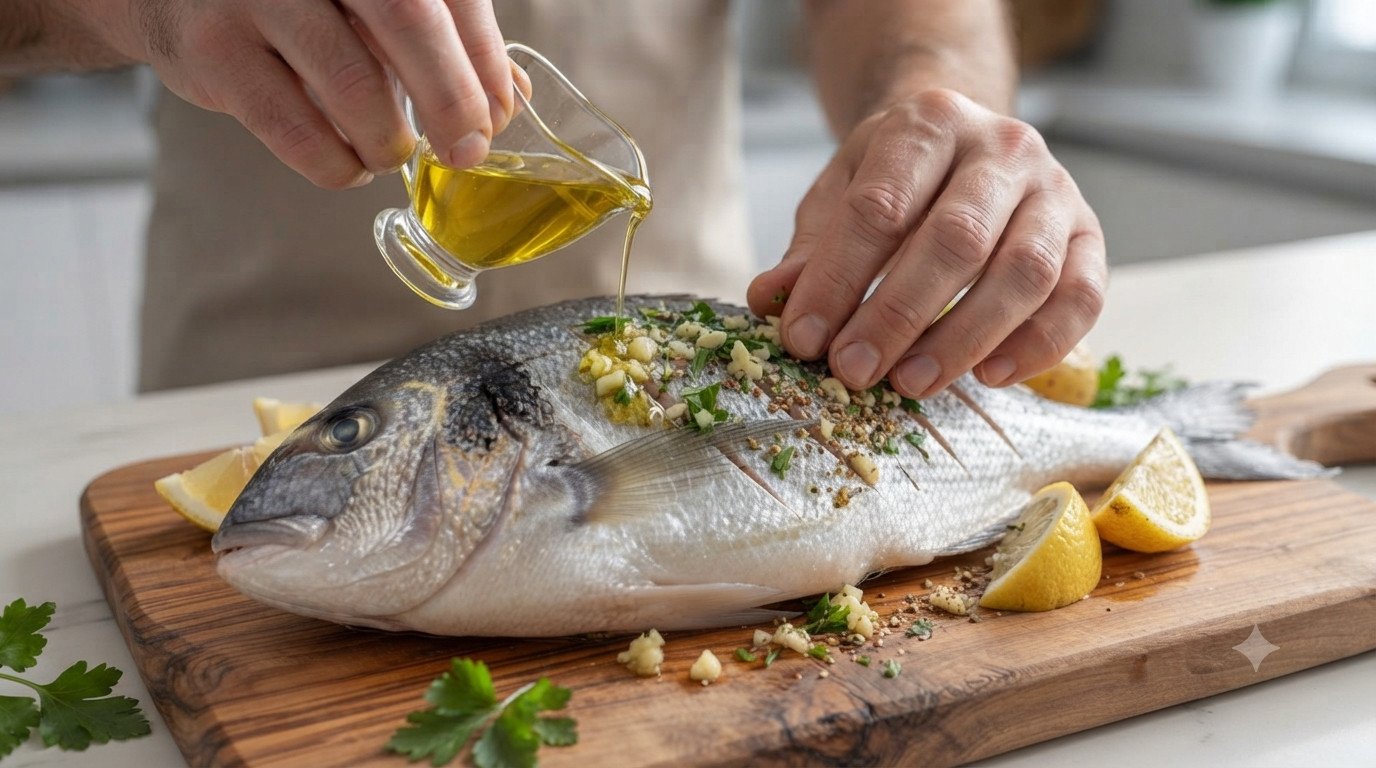 Dorada aliñada con aceite de oliva, ajo, perejil y limón