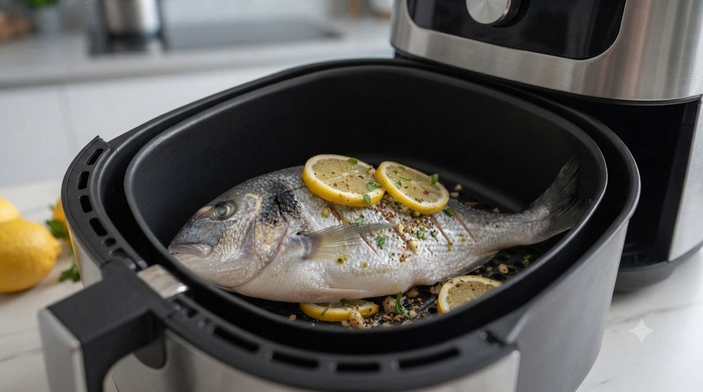 Dorada colocada en la cesta de la freidora de aire