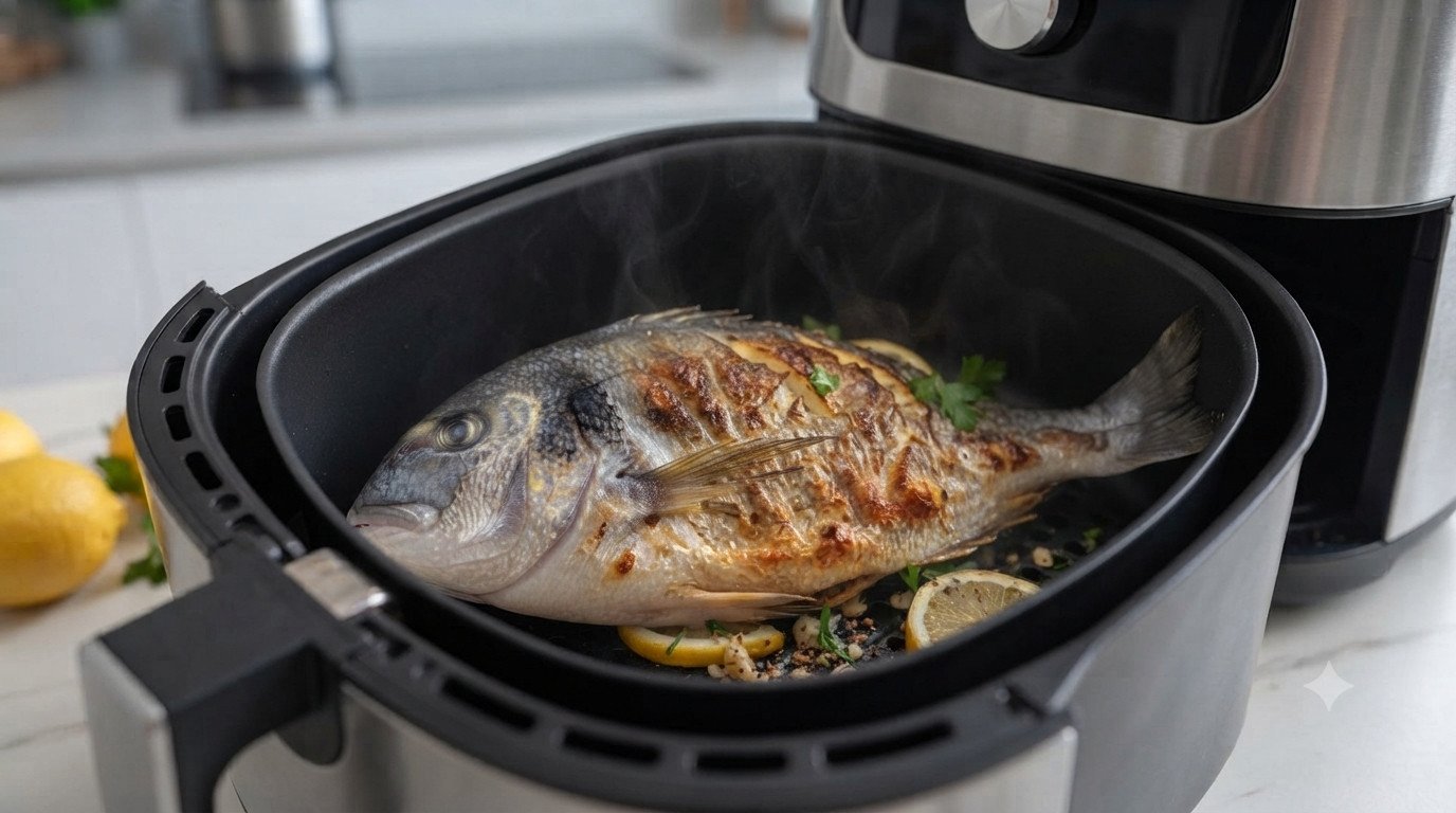 Dorada cocinándose en la freidora de aire hasta quedar dorada