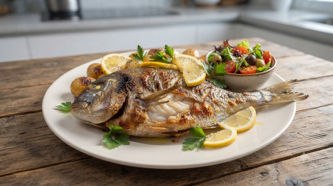 Dorada en freidora de aire servida con patatas, limón y perejil