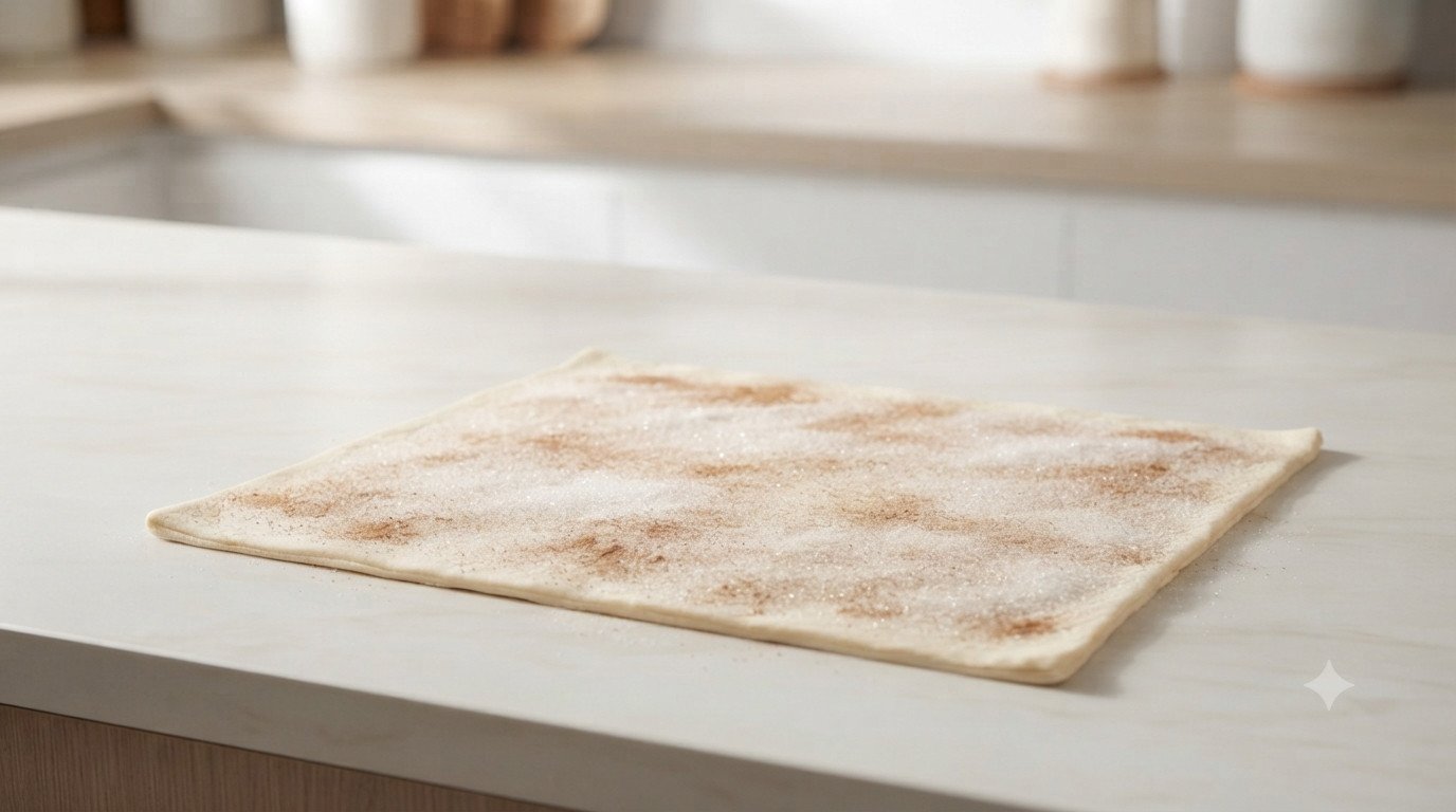 Hojaldre cubierto con azúcar y canela para preparar lazos