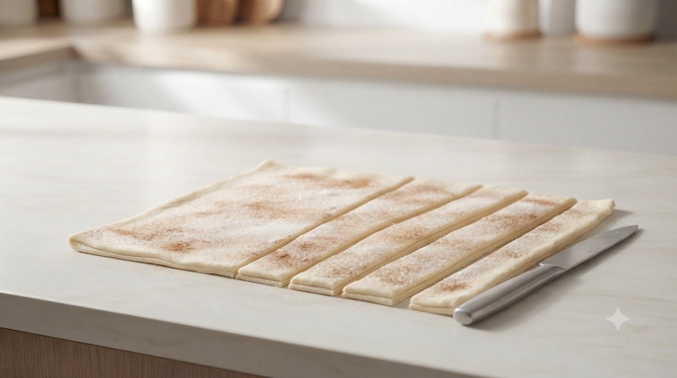 Hojaldre cortado en tiras para preparar lazos