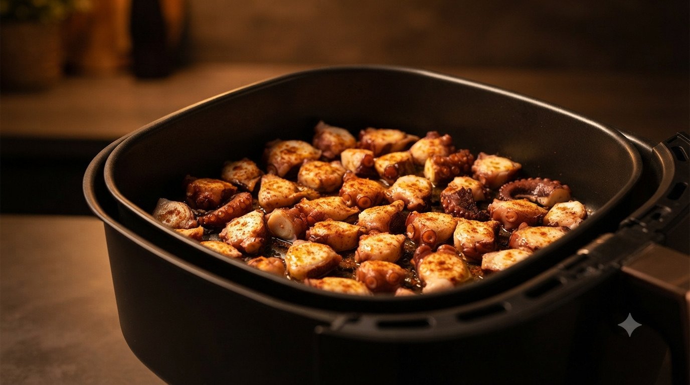 Sazonar el pulpo con aceite y pimentón antes de la freidora de aire