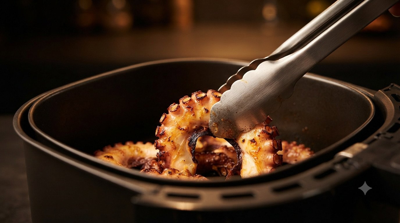 Pulpo colocado en la cesta de la freidora de aire antes de cocinar