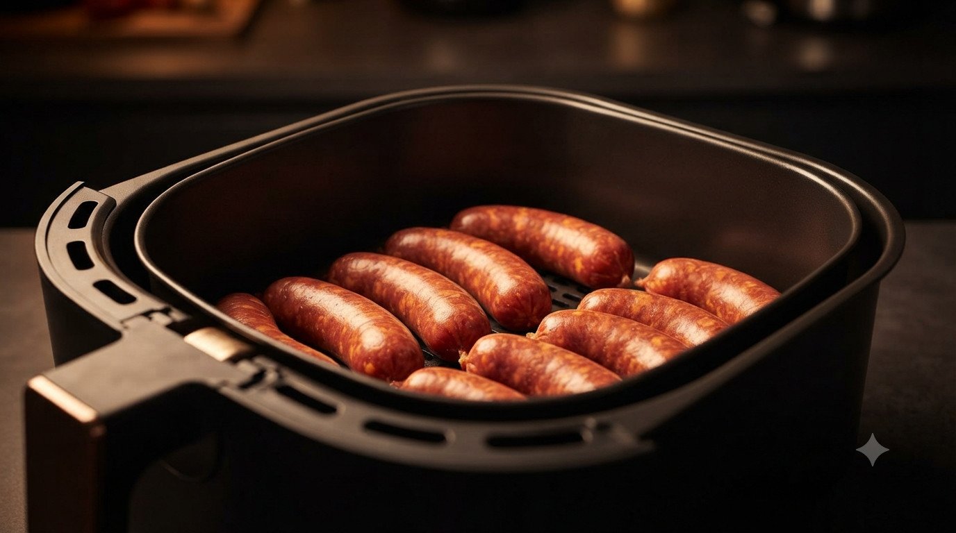 Chorizos colocados en la cesta de la freidora de aire