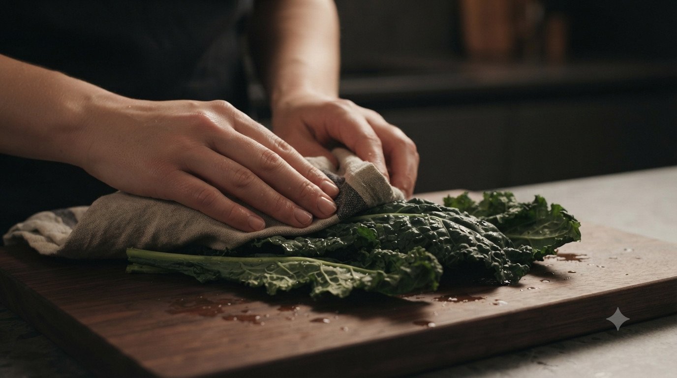 Lavando y secando hojas de kale antes de la freidora de aire