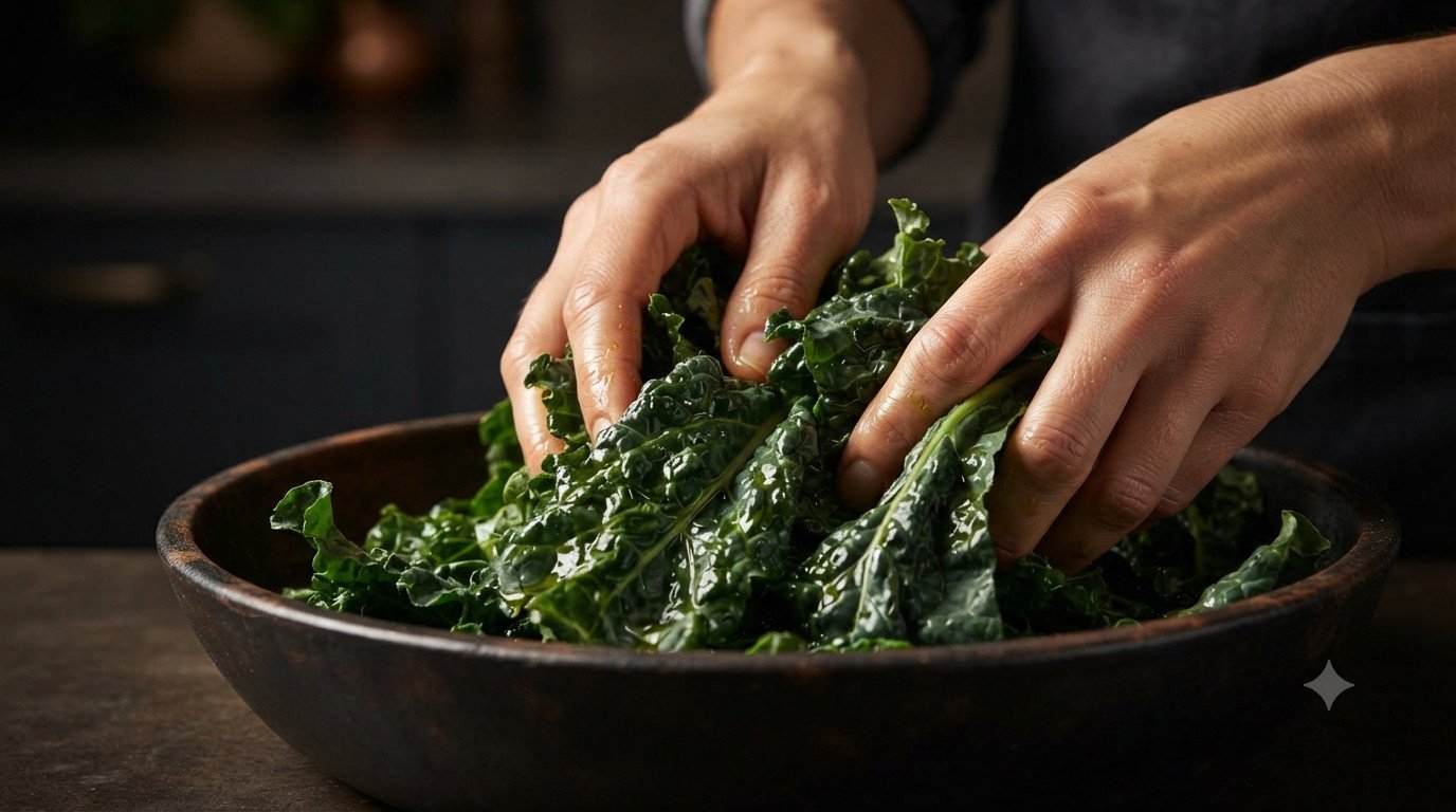 Masajeando hojas de kale con aceite de oliva en un bol