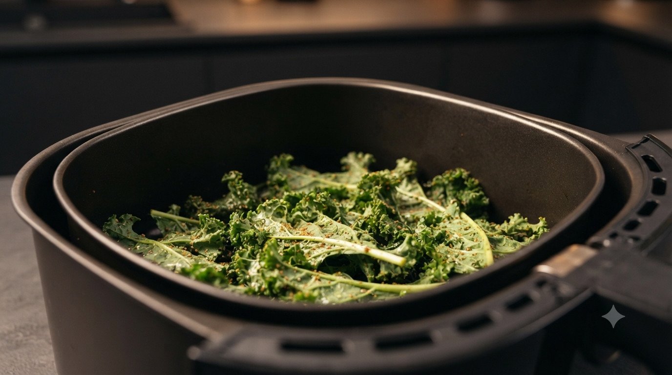 Hojas de kale aliñadas colocadas en la cesta de la freidora de aire
