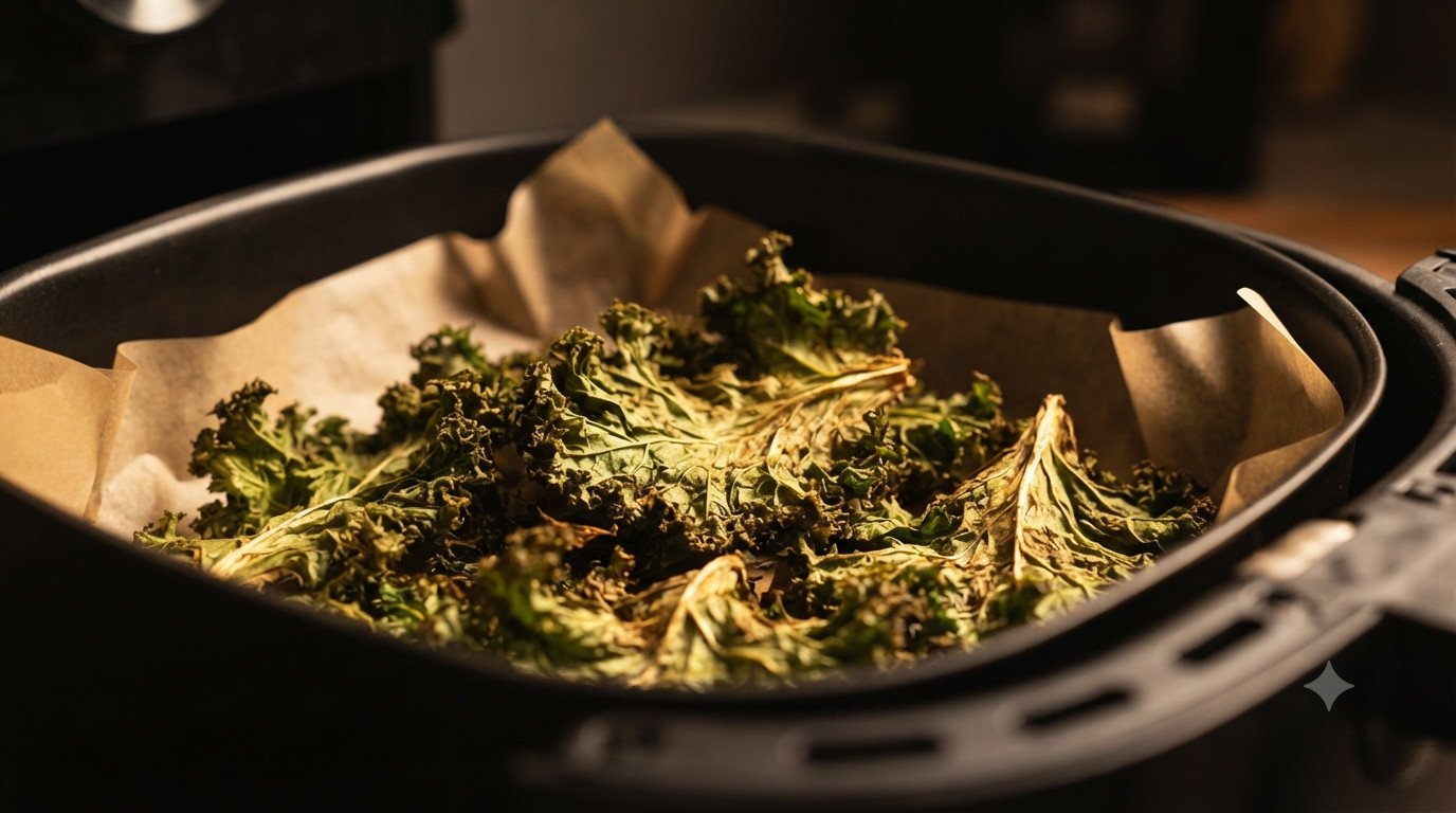Kale chips crujientes recién hechos en la freidora de aire