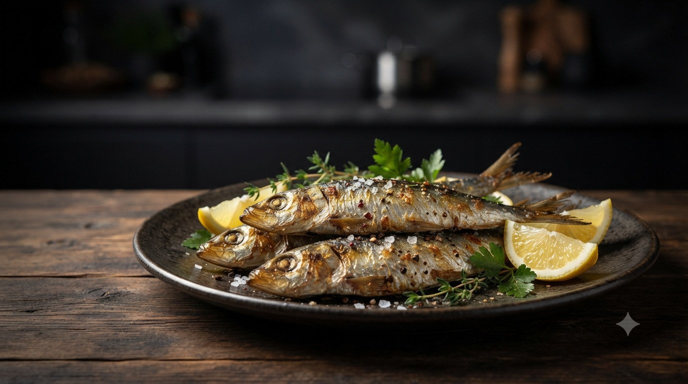 Sardinas en freidora de aire con la piel dorada y crujiente