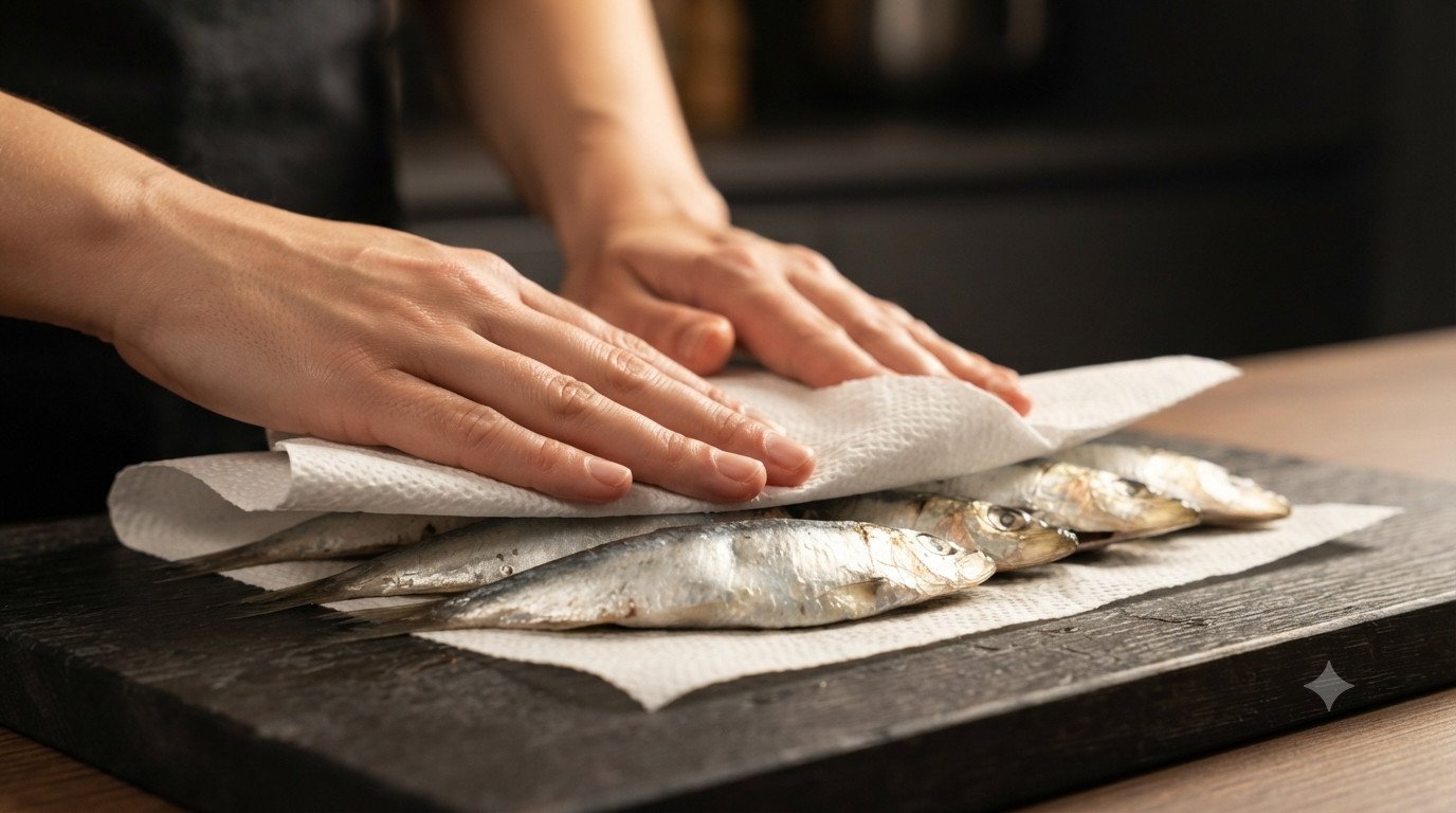 Limpiando y secando sardinas frescas antes de la freidora de aire