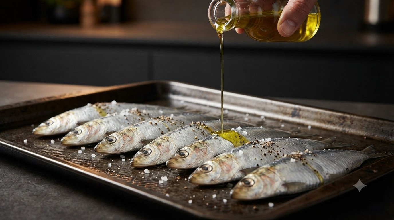 Sardinas sazonadas con aceite de oliva y sal gruesa