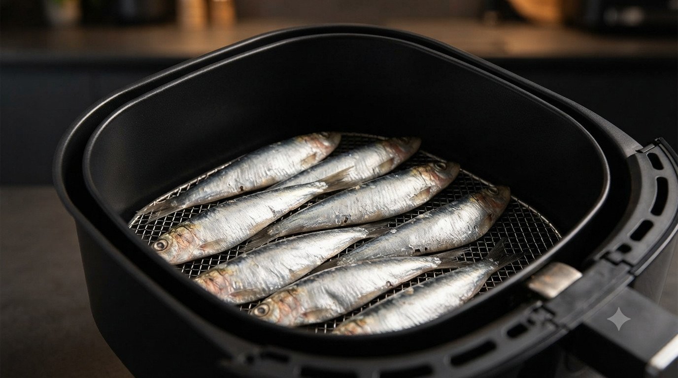 Sardinas colocadas en la cesta de la freidora de aire antes de cocinar