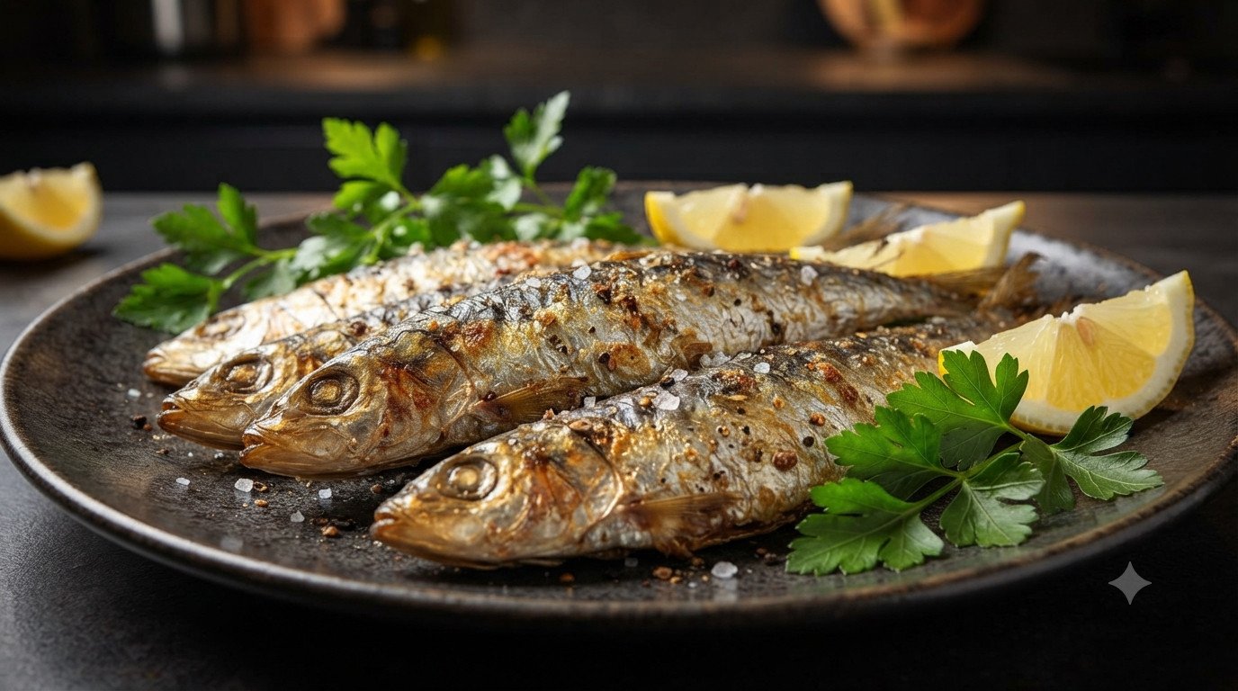 Sardinas en freidora de aire recién hechas y servidas con limón