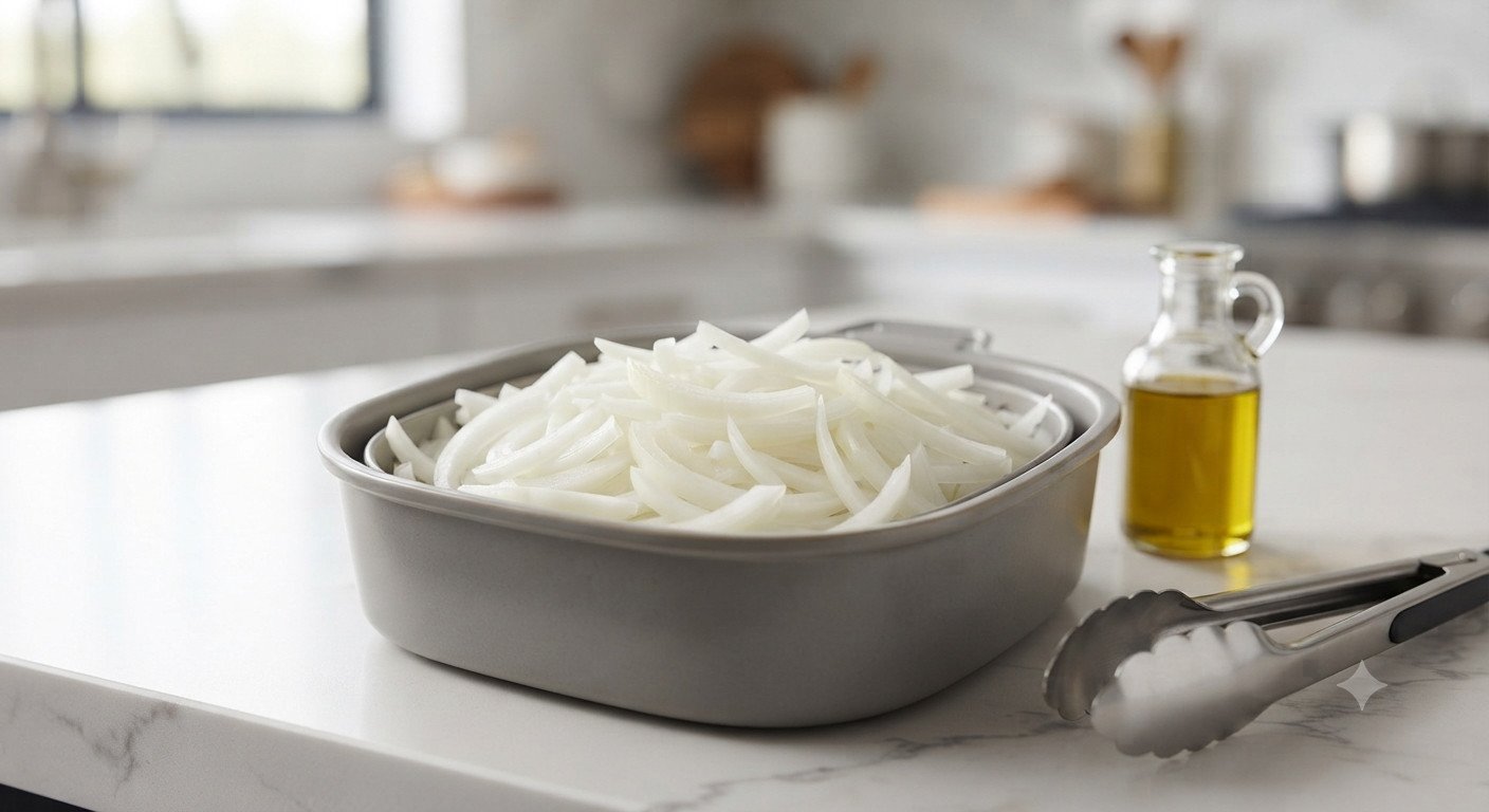 Cebolla cortada preparada para cocinar en freidora de aire