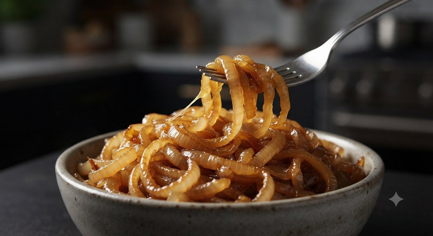 Cebolla caramelizada casera con textura tierna y dorada