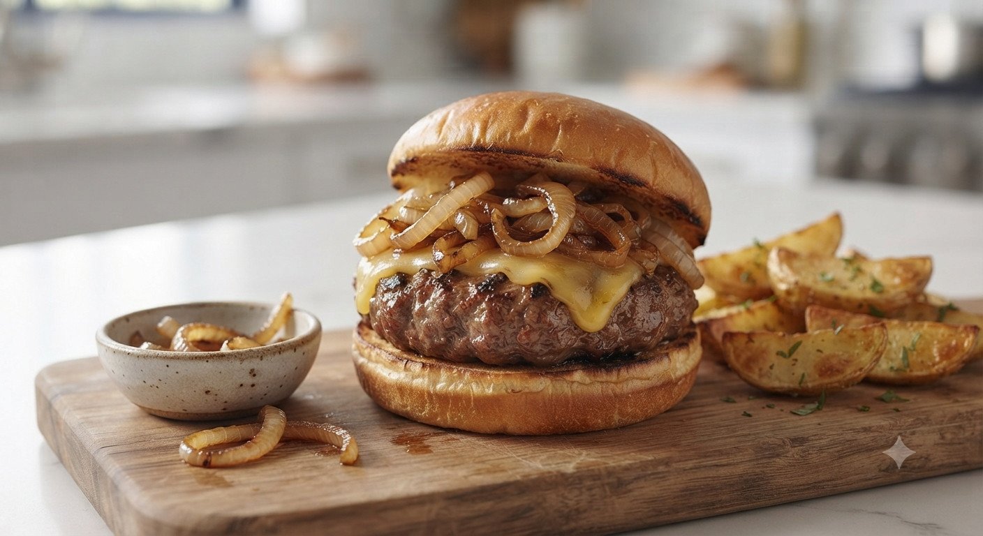 Hamburguesa con cebolla caramelizada hecha en freidora de aire