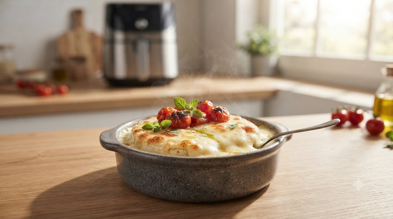 Provolone en freidora de aire fundido con tomates cherry y orégano
