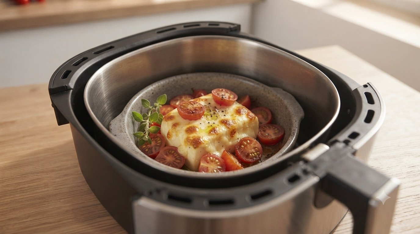Provolone preparado en el recipiente antes de entrar en la freidora de aire
