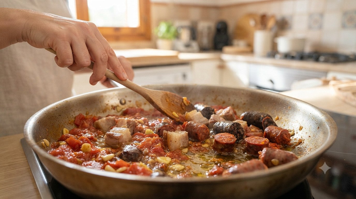 Carne y sofrito para preparar arroz al horno
