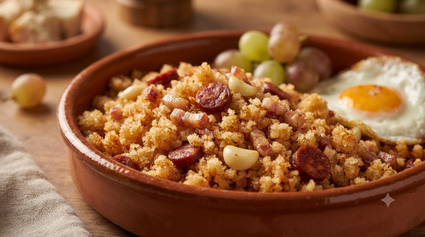 Migas en freidora de aire doradas con panceta y chorizo