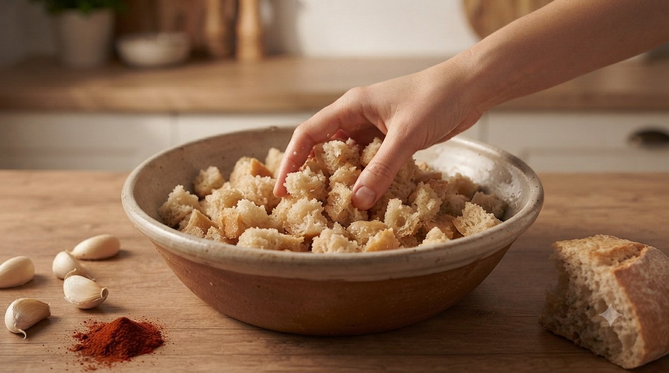 Pan ligeramente hidratado para preparar migas en freidora de aire