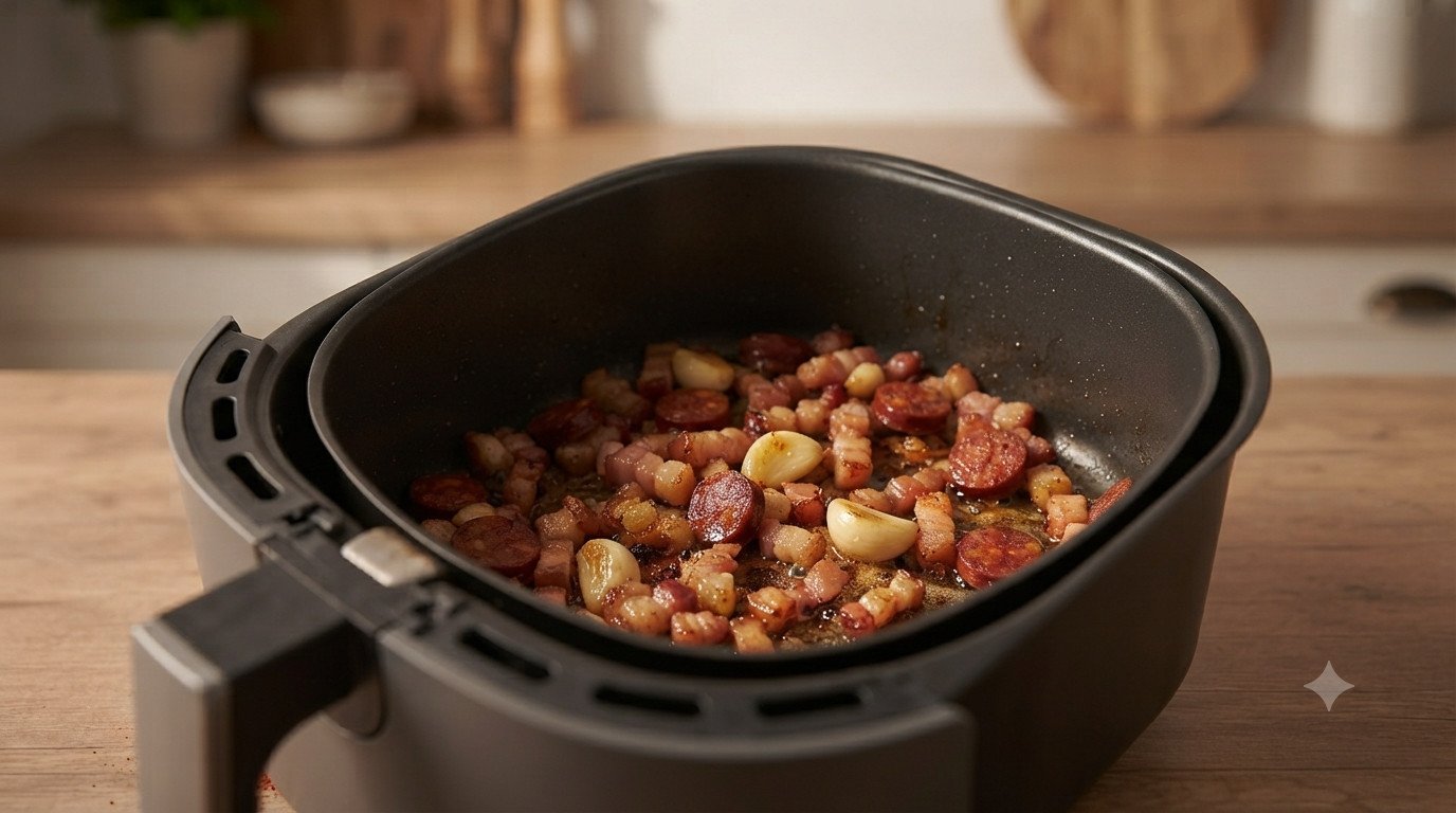 Panceta y chorizo cocinándose para las migas en freidora de aire